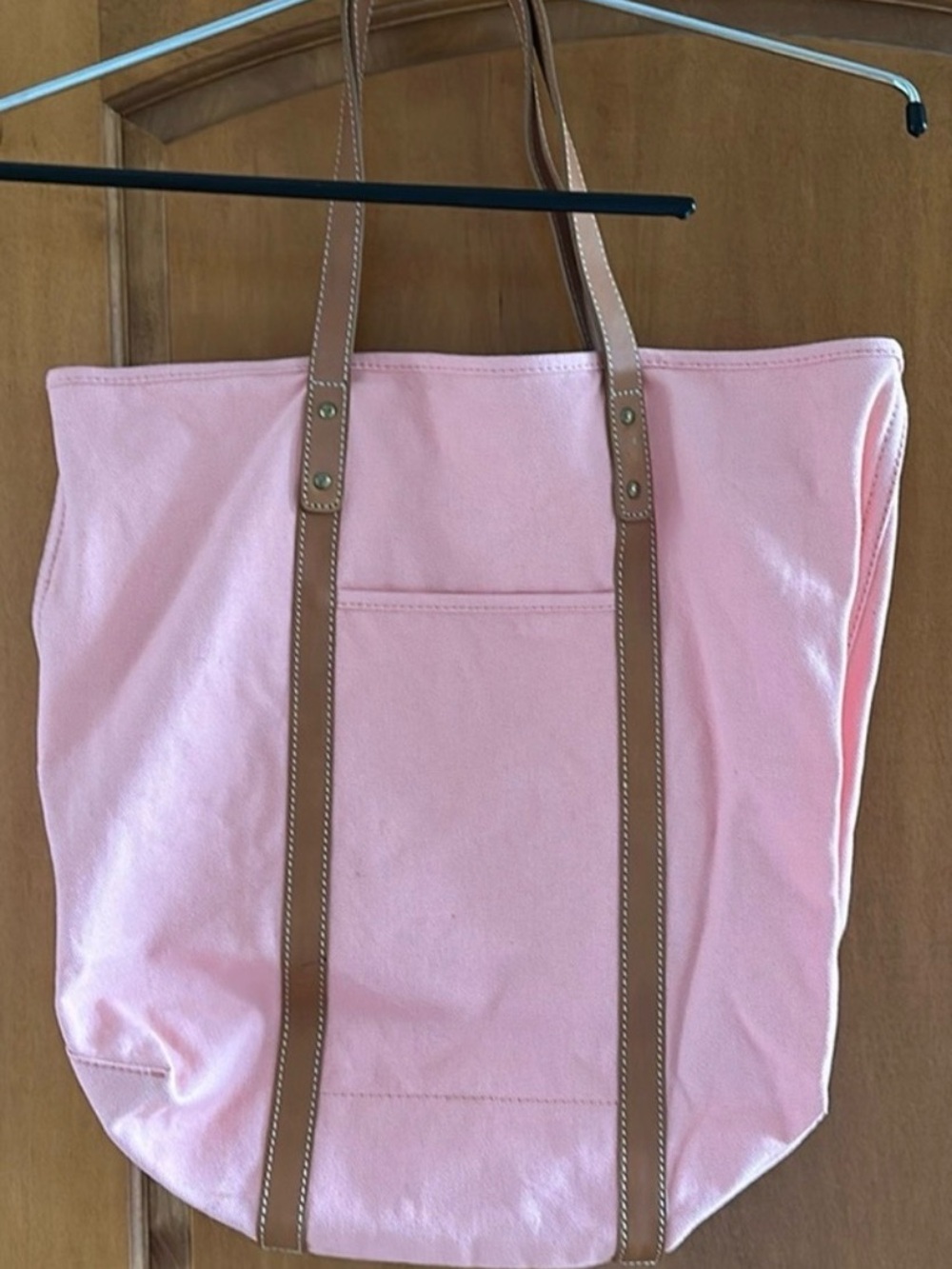 J Crew Peach Pink Gusseted Tote Bag Leather Straps and Inside Outside Pocket
